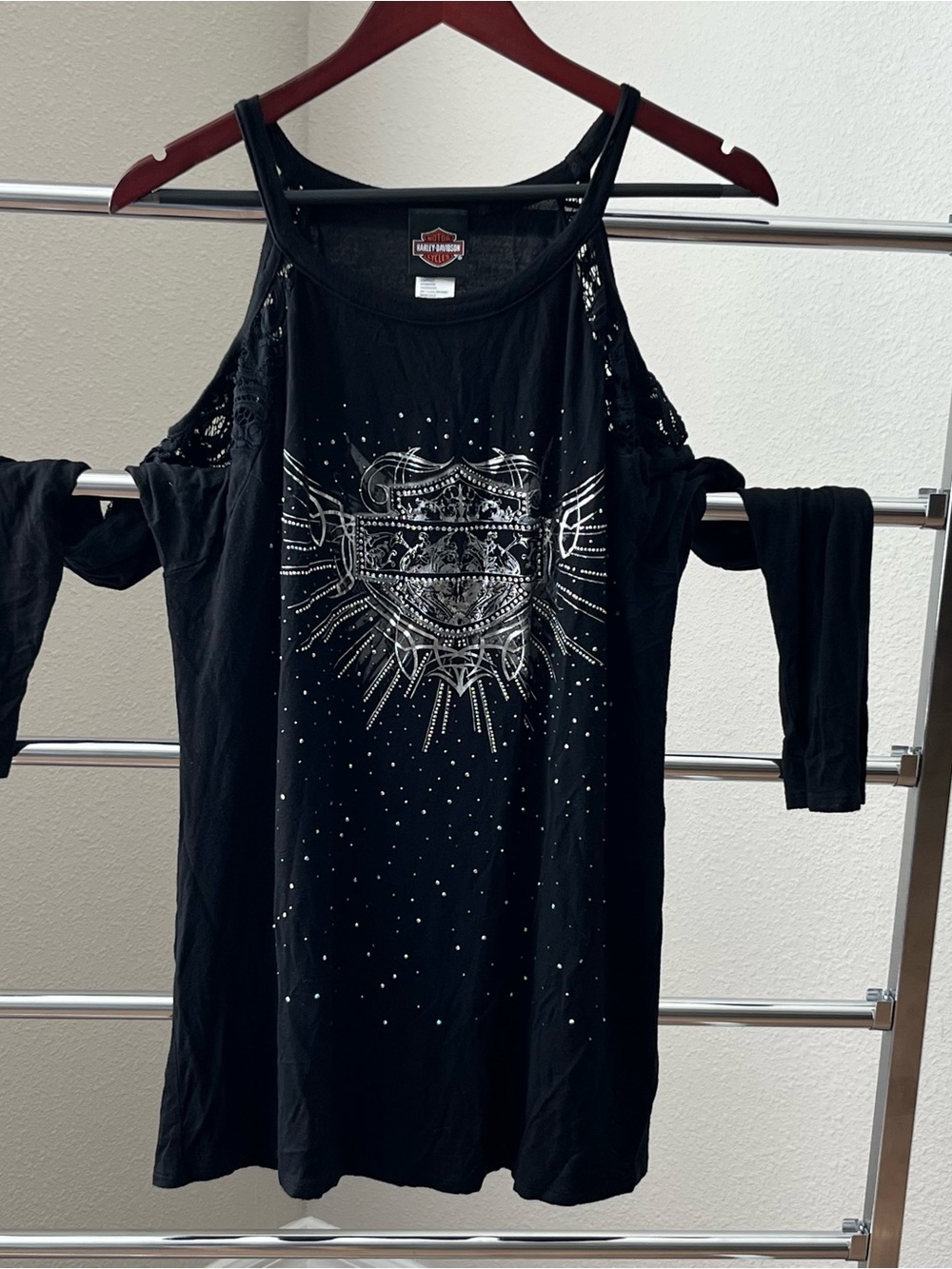 Harley-Davidson Black Cold-Shoulder Rhinestone Graphic Tunic